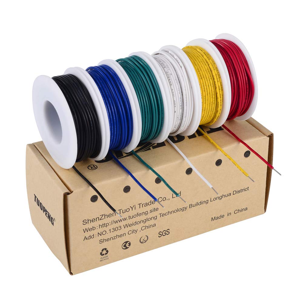 22 awg wire solid core hookup wires 6 different colored breadboard wires 30ft or 9m each, 22 gauge electronic wire pvc (od: 1.60mm) arduino wires