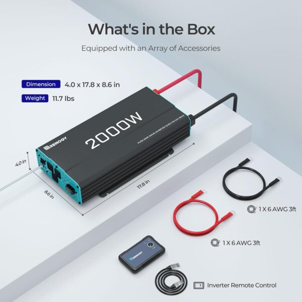 renogy inverter p2 2000w pure sine wave inverter 12v dc to 110v ac converter, off grid solar power inverters for vehicles, truck, rv, home, with built in 5v/2.1a usb / hardwire port, remote controller