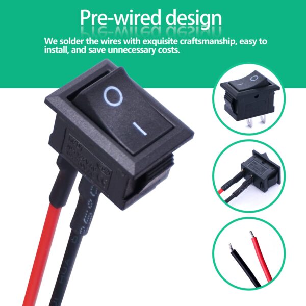 twidec/10pcs rocker switch ac 6a/250v 10a/125v spst 2 pins 2 position on/off car boat square black rocker switch toggle with pre soldered wires kcd1 x f