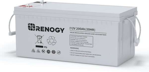 renogy battery 12v 200ah agm battery, 2000a max discharge current deep cycle battery, 3% self discharge rate, safe charge for rv, camping, cabin, marine and off grid system, maintenance free