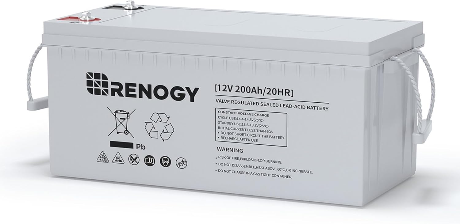 renogy battery 12v 200ah agm battery, 2000a max discharge current deep cycle battery, 3% self discharge rate, safe charge for rv, camping, cabin, marine and off grid system, maintenance free