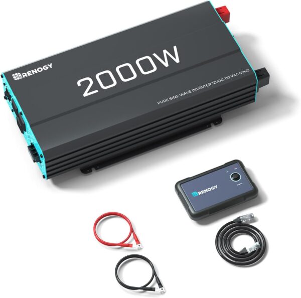renogy inverter p2 2000w pure sine wave inverter 12v dc to 110v ac converter, off grid solar power inverters for vehicles, truck, rv, home, with built in 5v/2.1a usb / hardwire port, remote controller
