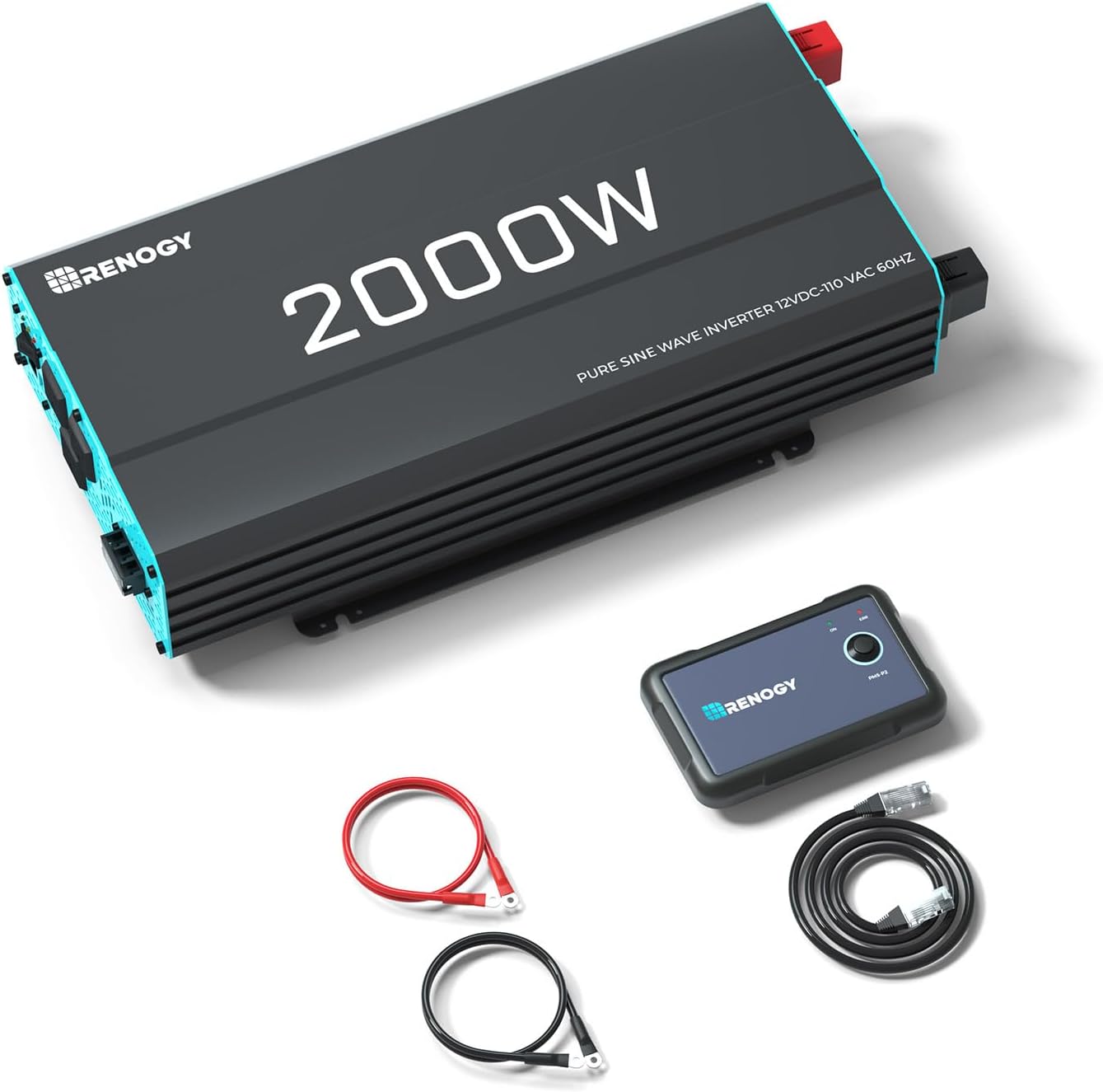 renogy inverter p2 2000w pure sine wave inverter 12v dc to 110v ac converter, off grid solar power inverters for vehicles, truck, rv, home, with built in 5v/2.1a usb / hardwire port, remote controller
