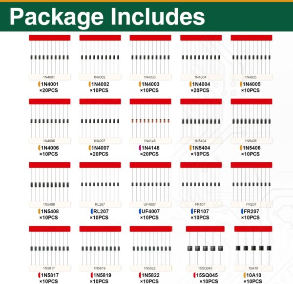 240pcs diode assortment kit, 20 values including 1n4001–1n4007, 1n4148, 1n5408, fr107, 10a10, schottky, fast recovery, rectifier diodes