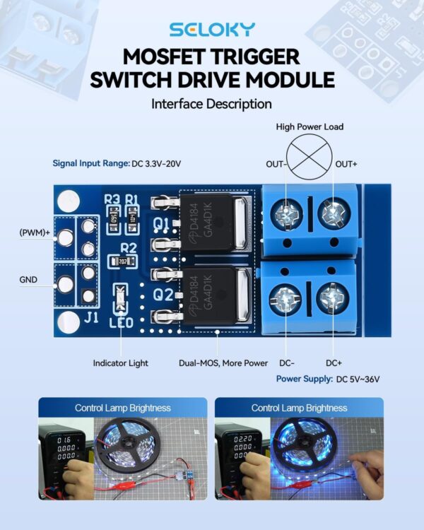 6pcs dual high power mosfet trigger switch drive module 0 20khz pwm adjustment electronic switch control board motor speed controller lamp brightness control, dc 5v 36v 400w, 15a (max 30a)