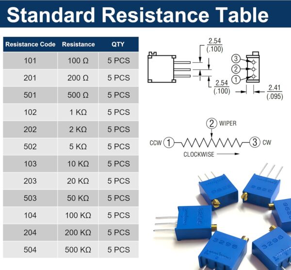 3296w multiturn trimmer potentiometer kit, 12 values from 100Ω to 500kΩ (60pcs) – ideal for precision circuit adjustment, pcb repair, and diy electronics projects