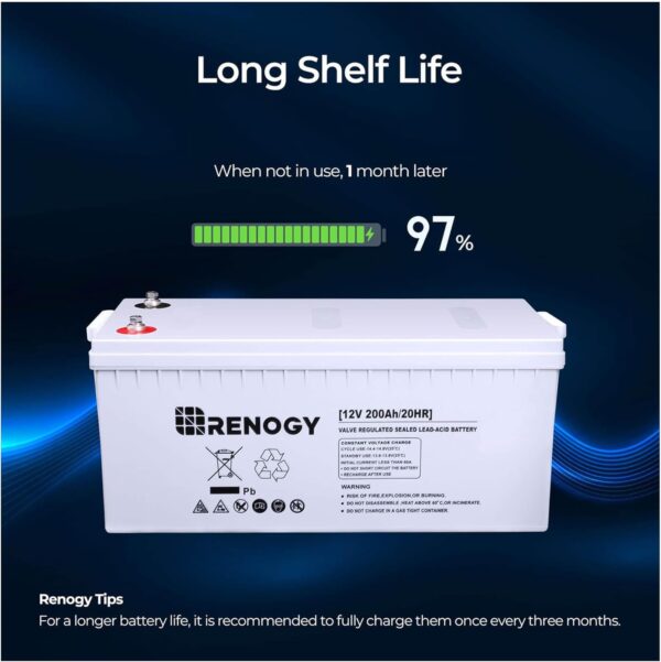 renogy battery 12v 200ah agm battery, 2000a max discharge current deep cycle battery, 3% self discharge rate, safe charge for rv, camping, cabin, marine and off grid system, maintenance free