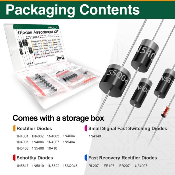 240pcs diode assortment kit, 20 values including 1n4001–1n4007, 1n4148, 1n5408, fr107, 10a10, schottky, fast recovery, rectifier diodes