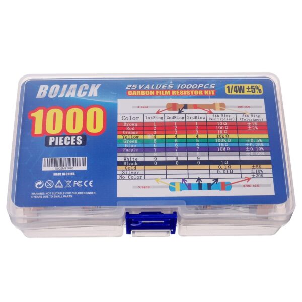 bojack 1000 pcs 25 values resistor kit 1 ohm 1m ohm with 5% 1/4w carbon film resistors assortment