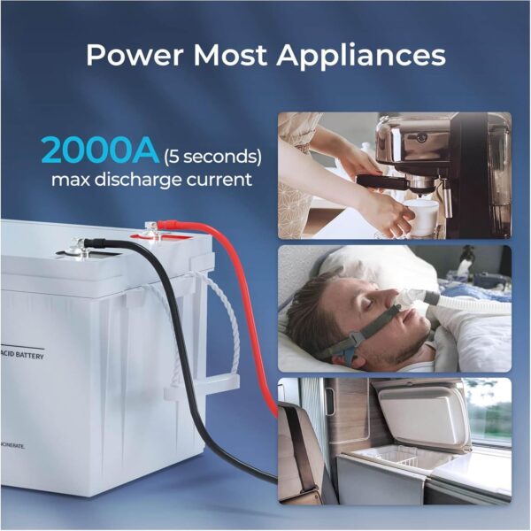 renogy battery 12v 200ah agm battery, 2000a max discharge current deep cycle battery, 3% self discharge rate, safe charge for rv, camping, cabin, marine and off grid system, maintenance free
