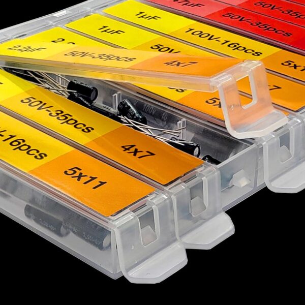 eeeee 0.1uf－2200uf 633 pcs capacitor set 30 value 633 individual box lid electrolytic capacitor assortment kit for industrial electrical and 10v, 16v, 25v, 50v, 100v