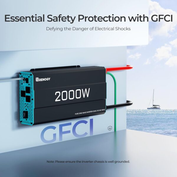 renogy inverter p2 2000w pure sine wave inverter 12v dc to 110v ac converter, off grid solar power inverters for vehicles, truck, rv, home, with built in 5v/2.1a usb / hardwire port, remote controller
