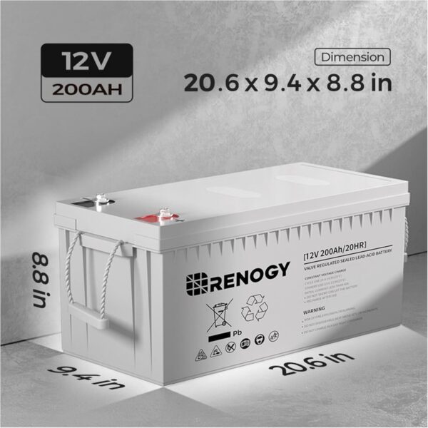 renogy battery 12v 200ah agm battery, 2000a max discharge current deep cycle battery, 3% self discharge rate, safe charge for rv, camping, cabin, marine and off grid system, maintenance free