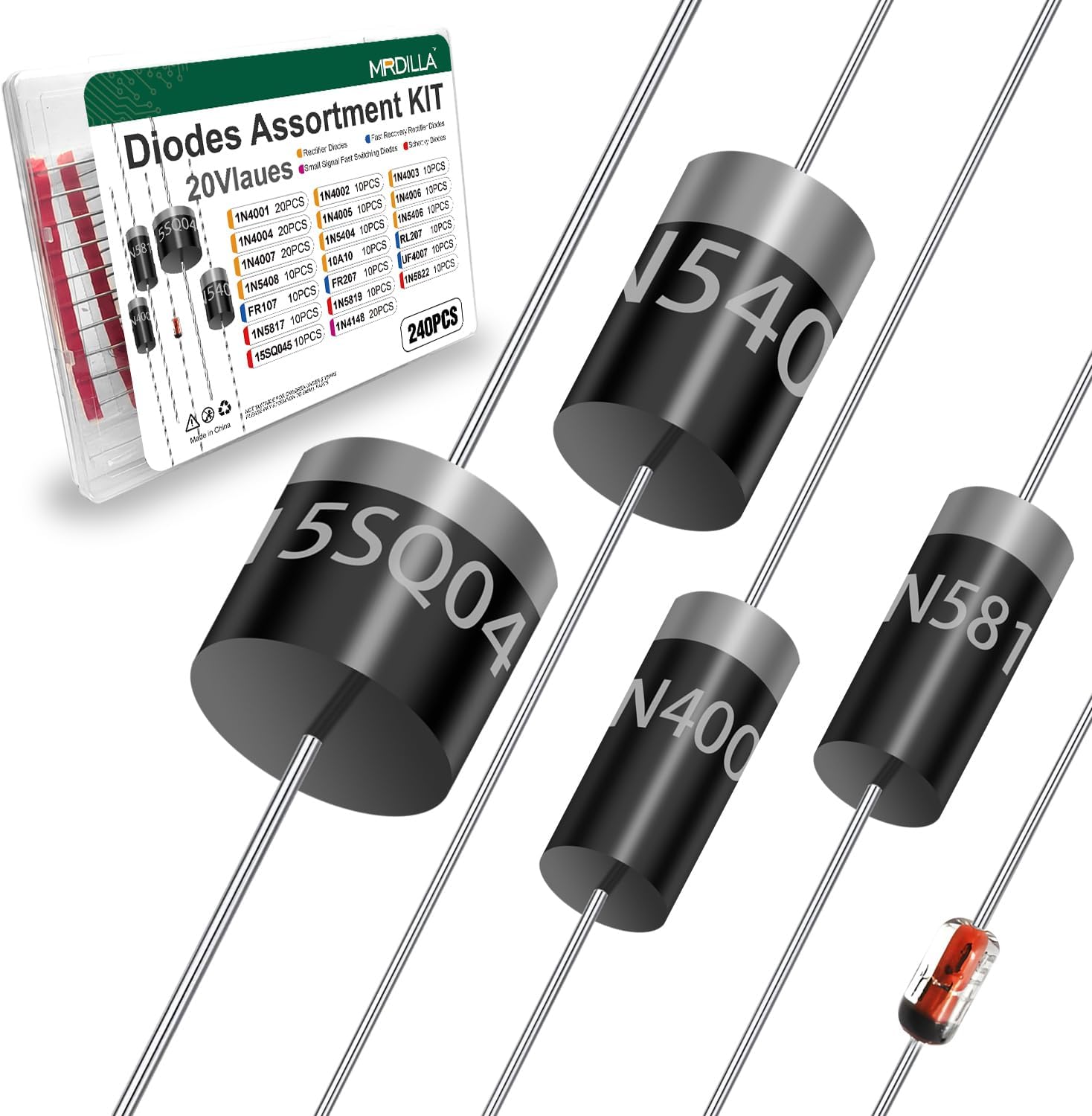240pcs diode assortment kit, 20 values including 1n4001–1n4007, 1n4148, 1n5408, fr107, 10a10, schottky, fast recovery, rectifier diodes