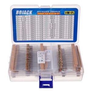 bojack 1000 pcs 25 values resistor kit 1 ohm 1m ohm with 5% 1/4w carbon film resistors assortment