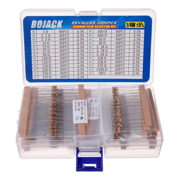 bojack 1000 pcs 25 values resistor kit 1 ohm 1m ohm with 5% 1/4w carbon film resistors assortment