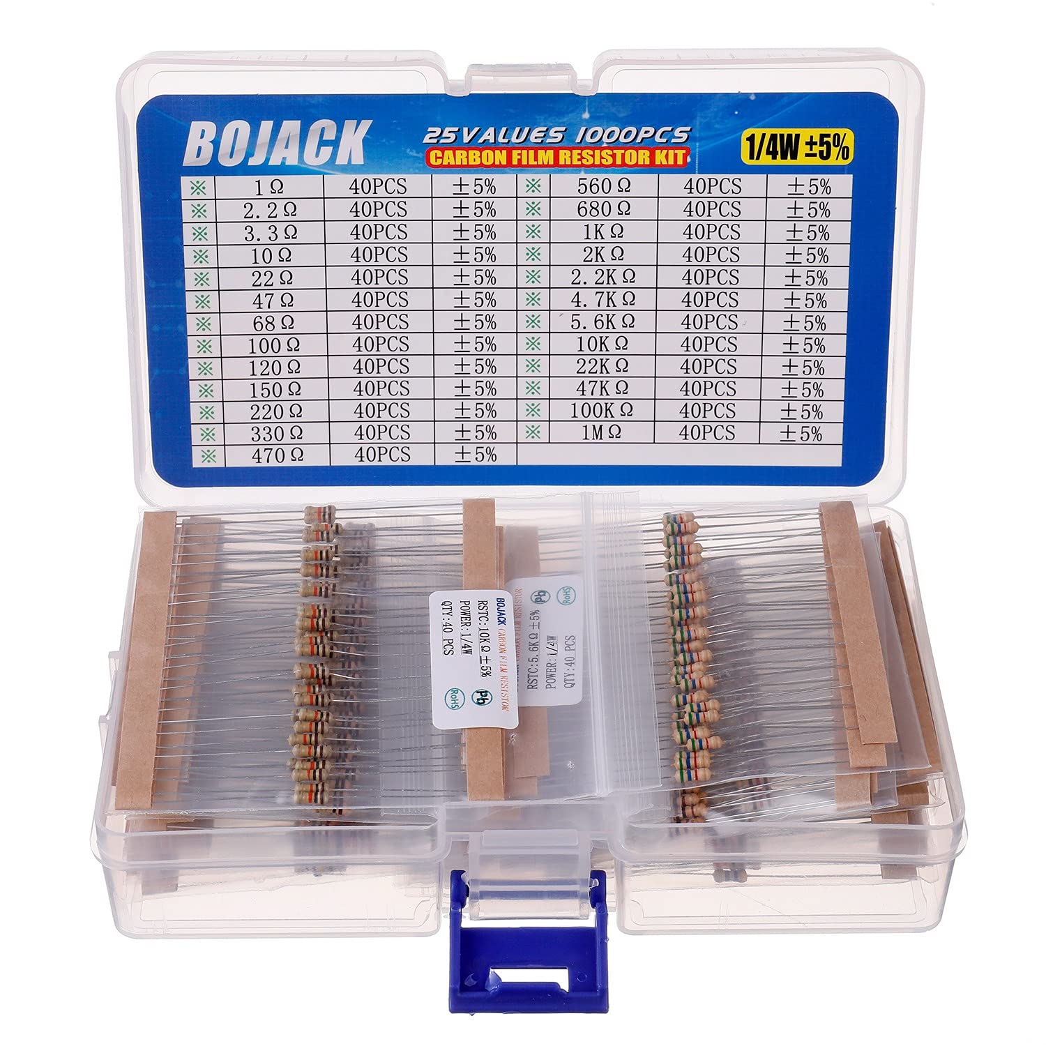 bojack 1000 pcs 25 values resistor kit 1 ohm 1m ohm with 5% 1/4w carbon film resistors assortment