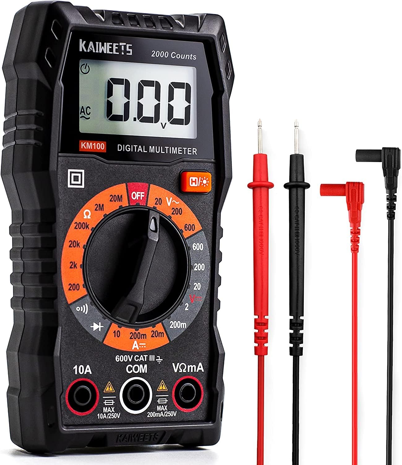 kaiweets digital multimeter with case, dc ac voltmeter, ohm volt amp test meter and continuity test diode voltage tester for household outlet, automotive battery test (anti burn with double fuses)