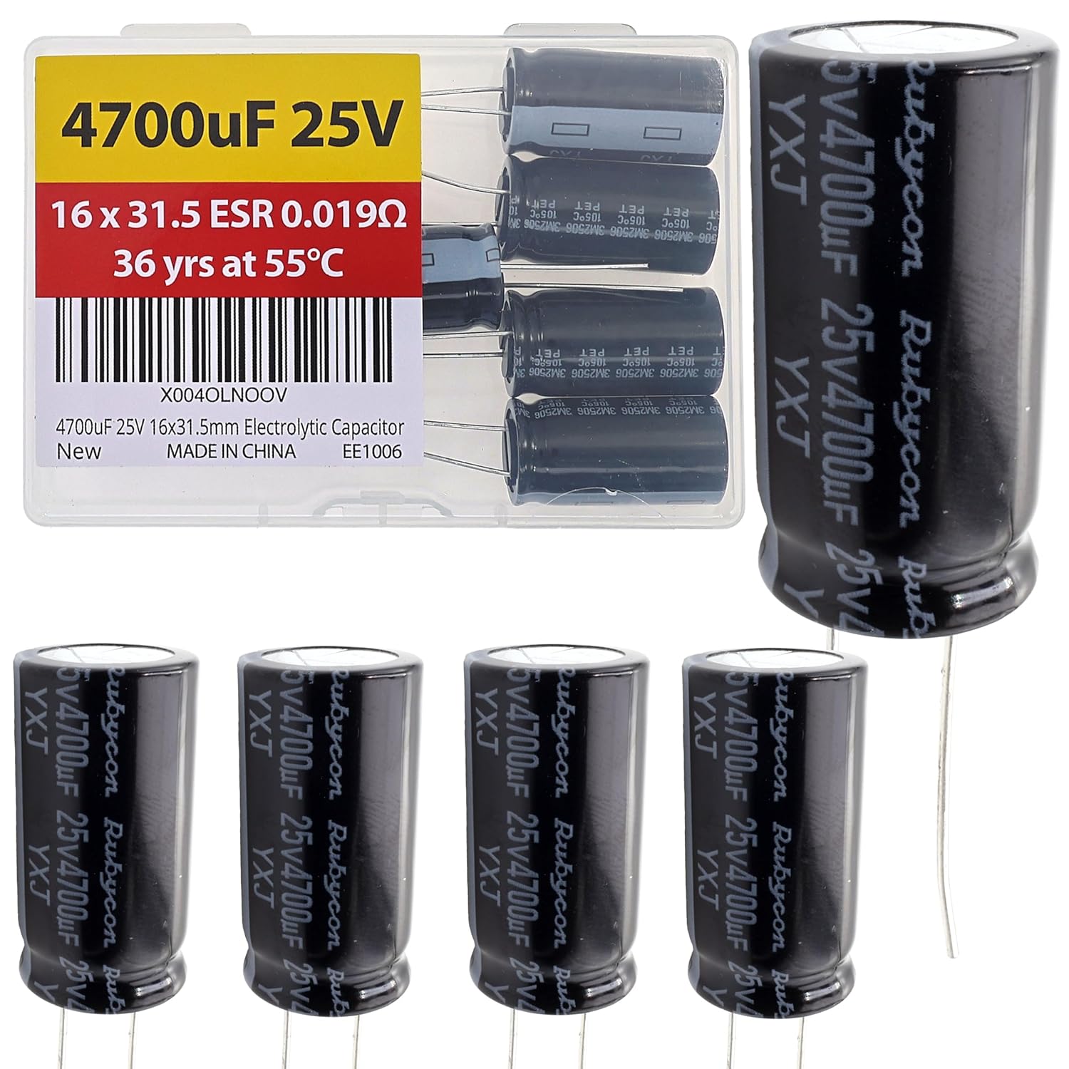 4700uf 25v 16x31.5mm rubycon electrolytic capacitor low esr 0.019Ω long life 36yrs at 55 degree c radial lead aluminum capacitors (pack of 5)