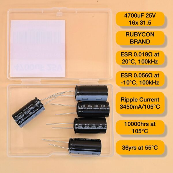4700uf 25v 16x31.5mm rubycon electrolytic capacitor low esr 0.019Ω long life 36yrs at 55 degree c radial lead aluminum capacitors (pack of 5)