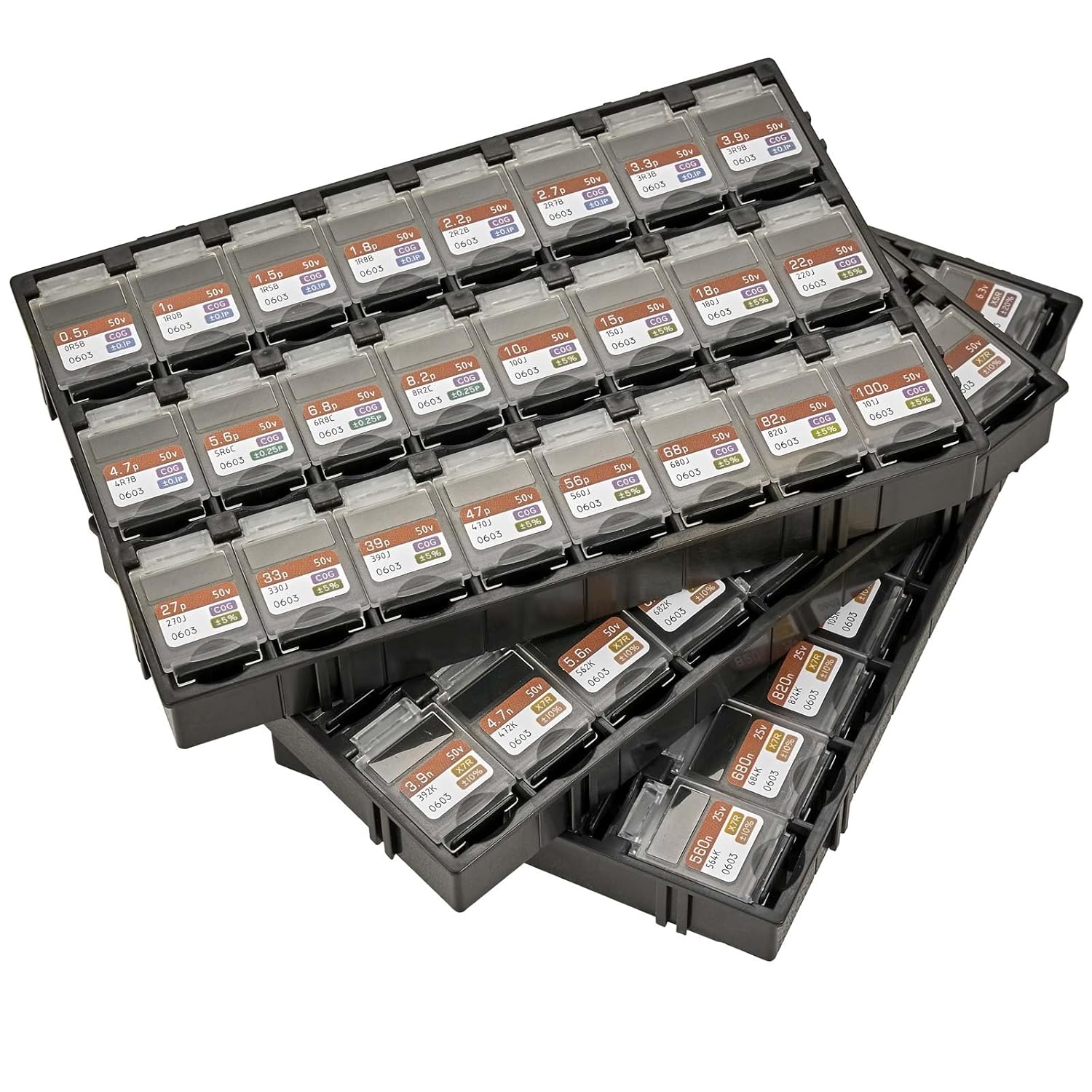 chip capacitor design kit,eia 0603 size,0.5pf 22uf capacitance,72 values,2880pcs,rohs compliant