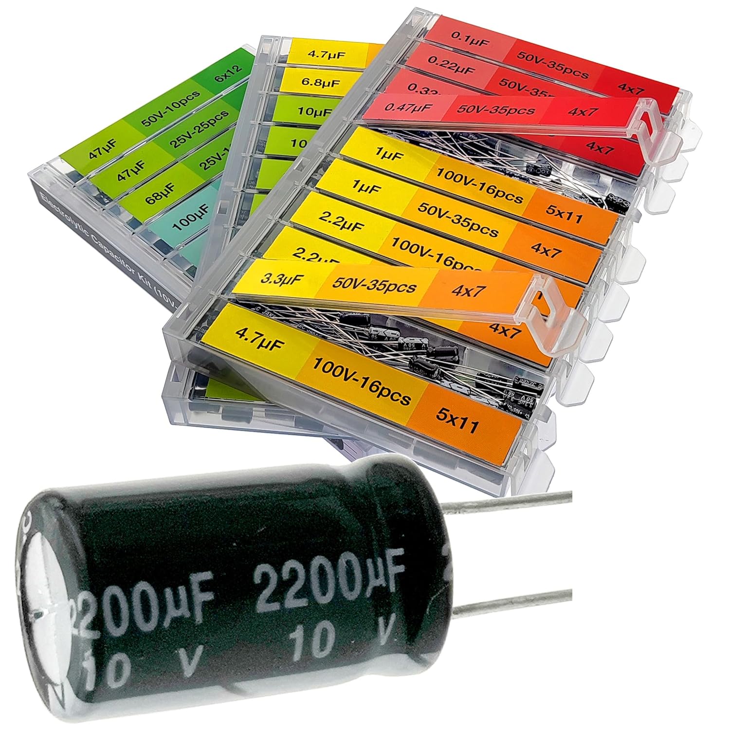 eeeee 0.1uf－2200uf 633 pcs capacitor set 30 value 633 individual box lid electrolytic capacitor assortment kit for industrial electrical and 10v, 16v, 25v, 50v, 100v
