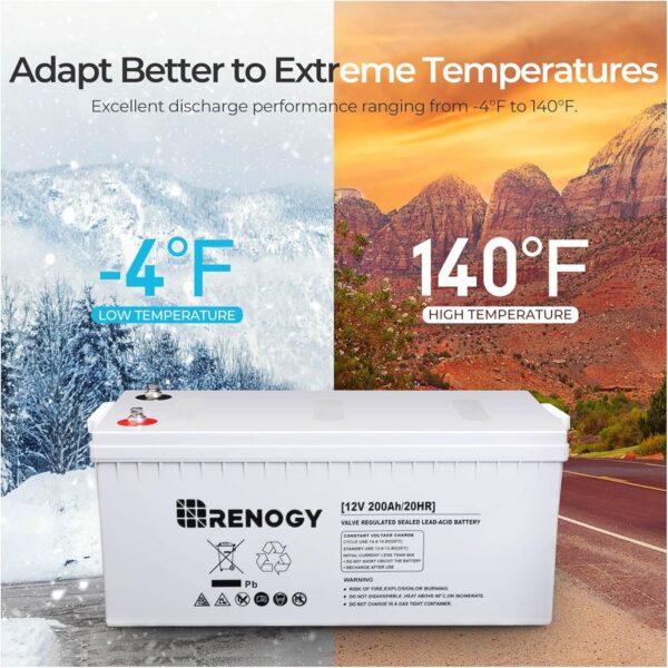 renogy battery 12v 200ah agm battery, 2000a max discharge current deep cycle battery, 3% self discharge rate, safe charge for rv, camping, cabin, marine and off grid system, maintenance free