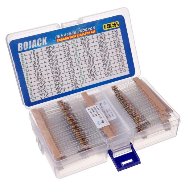 bojack 1000 pcs 25 values resistor kit 1 ohm 1m ohm with 5% 1/4w carbon film resistors assortment
