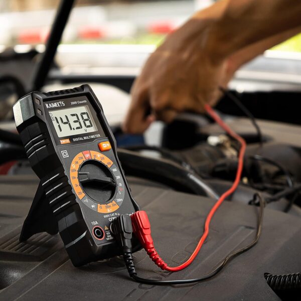 kaiweets digital multimeter with case, dc ac voltmeter, ohm volt amp test meter and continuity test diode voltage tester for household outlet, automotive battery test (anti burn with double fuses)