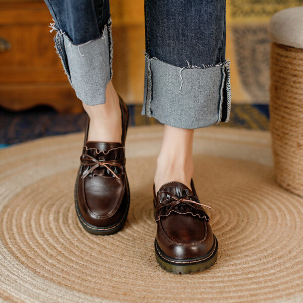 British Style Round Head Chunky Heel Small Leather Shoes For Women - Image 5